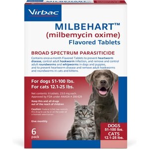 Milbehart Flavored Tablets for Dogs, 51-100 lbs, & Cats, 12-25 lbs, (Gray Box), 6 Flavored Tablets (6-mos. supply)