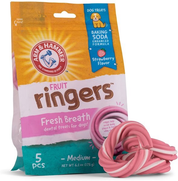 Arm & Hammer Fruit Ringers Fresh Breath Medium Strawberry Flavor Dog Dental Chews, 5 count slide 1 of 4