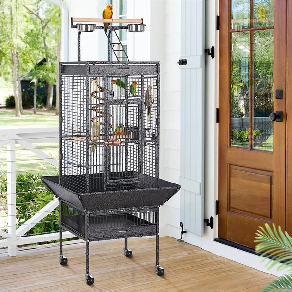 Yaheetech Rolling Metal Parrot Cage with Playtop, Black slide 1 of 9