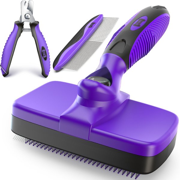 Ruff 'N Ruffus Upgraded Self-Cleaning Pet Slicker Brush & Nail Clippers, Purple slide 1 of 10