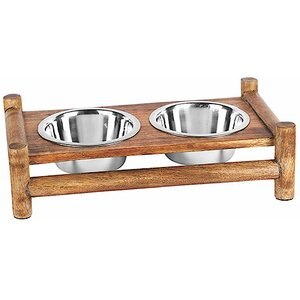 Advance Pet Product Log Cabin Wooden Double Diner & Stainless Steel Dog Bowls, 2-qt