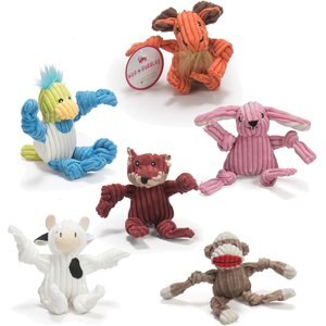 HuggleHounds Assorted Wee-Knotties (Moose, Bunny, Duck, Sock Monkey, Fox, Cow) Dog Toys, X-Small/Small, 6-pk