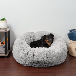 FurHaven Calming Cuddler Long Fur Donut Bolster Dog Bed, Mist Gray, Medium