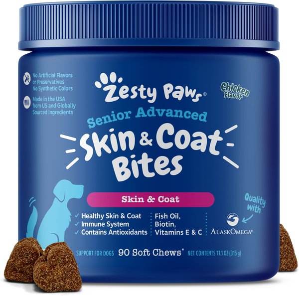 Zesty Paws Advanced Omega Bites Chicken Flavor Soft Chews Skin & Coat Supplement for Senior Dogs, 90 count slide 1 of 3