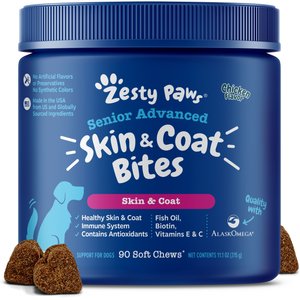 Zesty Paws Advanced Omega Bites Chicken Flavor Soft Chews Skin & Coat Supplement for Senior Dogs, 90 count