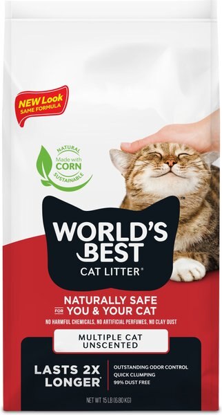 World's Best Multi-Cat Unscented Clumping Corn Cat Litter, 15-lb bag slide 1 of 6