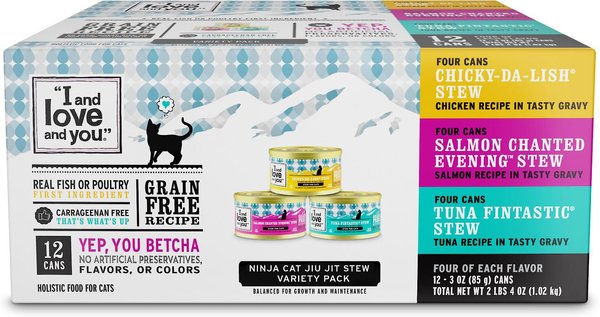 I and Love and You Chicky-Da-Lish, Salmon Chanted Evening and Tuna Fintastic Stew Variety Pack Canned Cat Food, 3-oz, case of 12, bundle of 3 slide 1 of 10