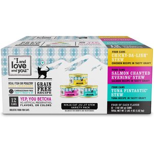 I and Love and You Chicky-Da-Lish, Salmon Chanted Evening and Tuna Fintastic Stew Variety Pack Canned Cat Food, 3-oz, case of 12, bundle of 3