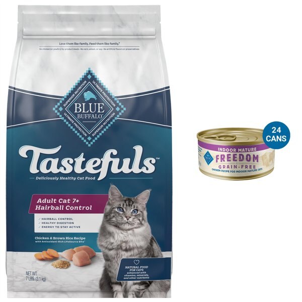Blue Buffalo Indoor Hairball Control Chicken & Brown Rice Recipe Dry Food + Freedom Indoor Mature Chicken Recipe Canned Cat Food slide 1 of 9