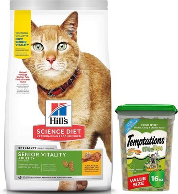 Hill's Science Diet 7+ Senior Vitality Chicken Recipe Dry Food + Temptations Mixups Catnip Fever Cat Treats, slide 1 of 1