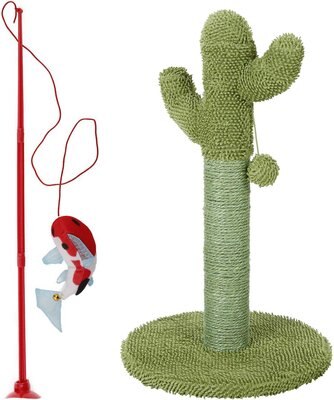 Hartz Cattraction Silver Vine & Catnip Koi Fish Dangler Wand Toy + Frisco Cactus Cat Scratching Post, slide 1 of 1
