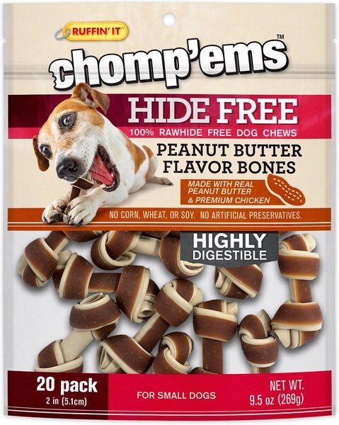 RUFFIN' IT Chomp'Ems Hide-Free Knot Bones Two-Tone Peanut Butter Dog Treats, 20 count slide 1 of 3