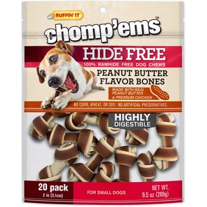 RUFFIN' IT Chomp'Ems Hide-Free Knot Bones Two-Tone Peanut Butter Dog Treats, 20 count