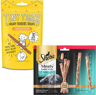 Tiny Tiger Meaty Tenders Sticks, Chicken Recipe  + Sheba Meaty Tender Sticks Tuna Flavored Cat Treats, slide 1 of 1