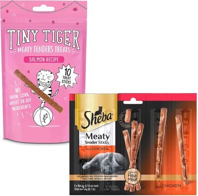 Tiny Tiger Meaty Tenders Sticks, Salmon Recipe + Sheba Meaty Tender Sticks, Chicken Cat Treats, slide 1 of 1