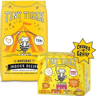 Tiny Tiger, Natural Indoor Recipe Chicken Flavor Dry Cat Food + Chunks in Gravy Beef & Poultry Recipes Variety Pack Grain-Free Canned Food, slide 1 of 1