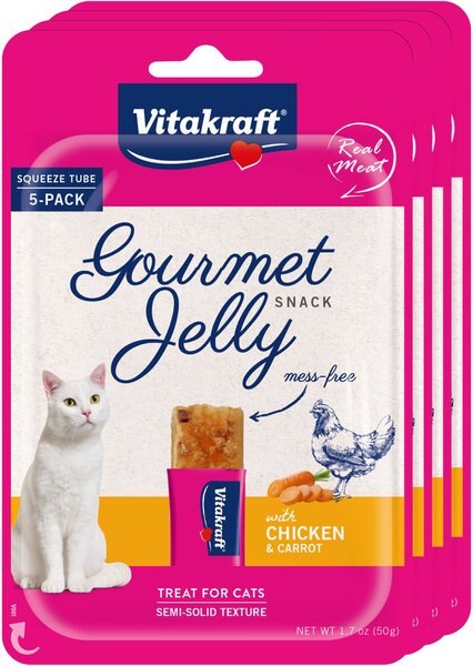 Vitakraft Gourmet Jelly Chicken & Carrot Lickable Cat Treats, 1.7-oz pouch, pack of 5 slide 1 of 8