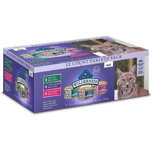 Blue Buffalo Wilderness Pate Variety Pack Duck, Chicken & Salmon Grain-Free Cat Canned Food, 3-oz, case of 12, bundle of 2