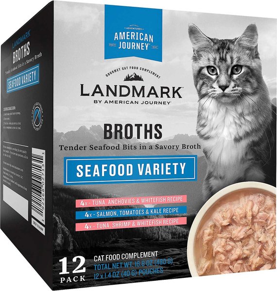 American Journey Landmark Broths Seafood Variety Pack Wet Cat Food Complement Pouches, 1.4 oz case of 12, 1.4 oz case of 12, bundle of 2 slide 1 of 9