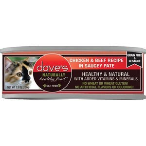 Dave's Pet Food Saucey Pate Chicken & Beef Recipe Wet Cat Food, 5.5-oz can, case of 24