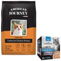 American Journey Turkey & Chicken Recipe Grain-Free Dry Food + Landmark Broths Seafood Variety Pack Wet Cat Food Complement Pouches
