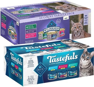 Blue Buffalo Tastefuls Tuna, Chicken, Fish & Shrimp Entrées Variety Pack Flaked Wet Food + Wilderness Pate Variety Pack Duck, Chicken & Salmon Grain-Free Cat Canned Food, slide 1 of 1