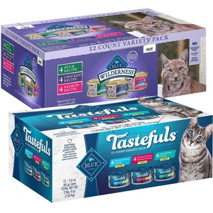 Blue Buffalo Tastefuls Tuna, Chicken, Fish & Shrimp Entrées Variety Pack Flaked Wet Food + Wilderness Pate Variety Pack Duck, Chicken & Salmon Grain-Free Cat Canned Food