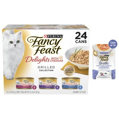 Fancy Feast Delights with Cheddar Grilled Variety Pack Canned Food + Classic Broths with Tuna, Shrimp & Whitefish Supplemental Wet Cat Food Pouches, slide 1 of 1