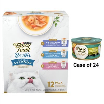 Fancy Feast Medleys White Meat Chicken Primavera Canned Food + Classic Collection Broths Variety Pack Complement Wet Cat Food, slide 1 of 1