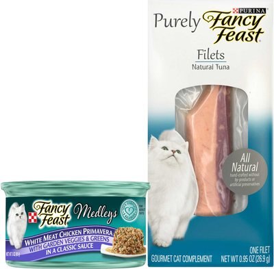Fancy Feast Medleys White Meat Chicken Primavera Canned Food + Purely Natural Tuna Filets Cat Food Topper, slide 1 of 1