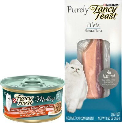 Fancy Feast Medleys Shredded White Meat Chicken Fare Canned Food + Purely Natural Tuna Filets Cat Food Topper, slide 1 of 1