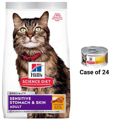 Hill's Science Diet Adult Sensitive Stomach & Skin Chicken & Rice Recipe Dry Cat Food, 15.5-lb bag + Hill's Science Diet Adult Urinary Hairball Control Savory Chicken Entree Canned Cat Food, slide 1 of 1