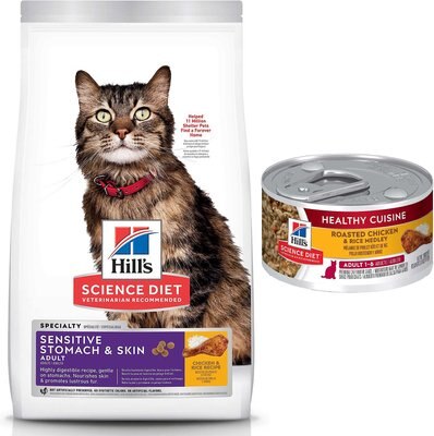 Hill's Science Diet Adult Sensitive Stomach & Skin Chicken & Rice Recipe Dry Food, 15.5-lb bag + Adult Healthy Cuisine Roasted Chicken & Rice Medley Canned Cat Food, slide 1 of 1