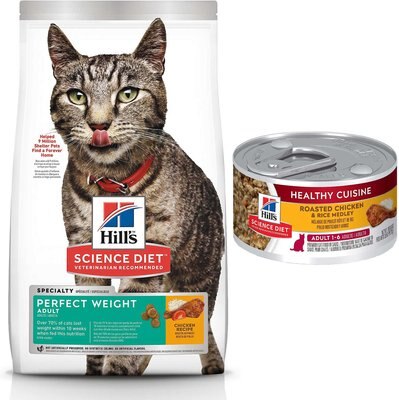 Hill's Science Diet Adult Perfect Weight Chicken Recipe Dry Food + Healthy Cuisine Roasted Chicken & Rice Medley Canned Cat Food, slide 1 of 1