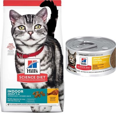 Hill's Science Diet Adult Indoor Chicken Recipe Dry Cat Food, 15.5-lb bag + Hill's Science Diet Adult Urinary Hairball Control Savory Chicken Entree Canned Cat Food, 2.9-oz, case of 26, slide 1 of 1