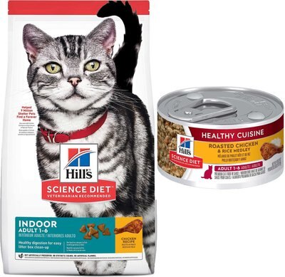 Hill's Science Diet Adult Indoor Chicken Recipe Dry Cat Food, 15.5-lb bag + Hill's Science Diet Adult Healthy Cuisine Roasted Chicken & Rice Medley Canned Cat Food, 2.8-oz, case of 26, slide 1 of 1