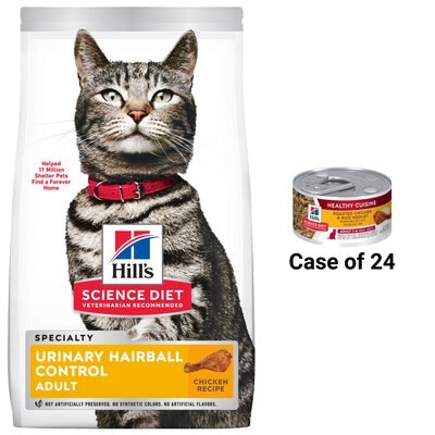 Hill's Science Diet Adult Urinary Hairball Control Dry Cat Food, 15.5-lb bag + Hill's Science Diet Adult Healthy Cuisine Roasted Chicken & Rice Medley Canned Cat Food, 2.8-oz, case of 26, slide 1 of 1