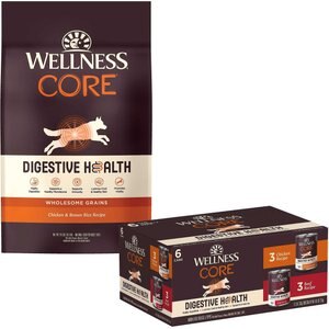 Wellness CORE Digestive Health Wholesome Grains Chicken & Brown Rice Recipe Dry Food + Chicken & Beef Pate Variety Pack Grain-Free Wet Dog Food