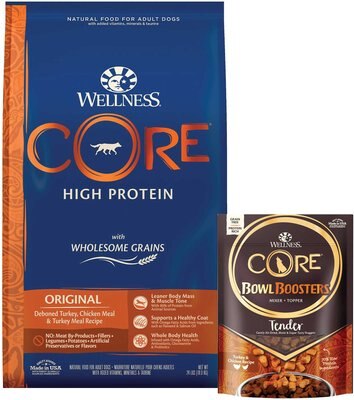 Wellness CORE Wholesome Grains Original Recipe High Protein Dry Food +  Bowl Boosters Tender Turkey & Chicken Recipe Dog Food Mixer or Topper, slide 1 of 1