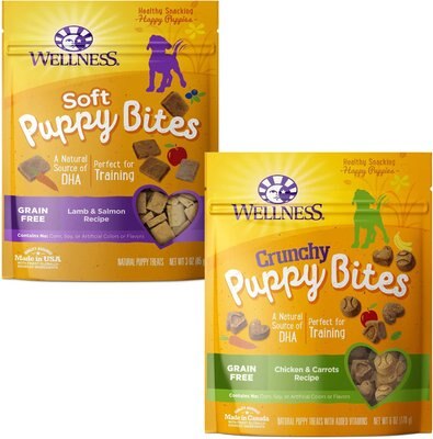 Wellness Soft Puppy Bites Lamb & Salmon Recipe + Crunchy Puppy Bites Chicken & Carrots Recipe Grain-Free Dog Treats, slide 1 of 1