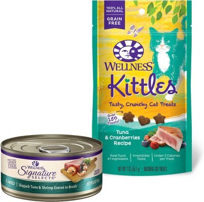 Wellness CORE Signature Selects Flaked Skipjack Tuna & Shrimp Entree in Broth Grain-Free Canned Food + Kittles Grain-Free Tuna & Cranberries Recipe Crunchy Cat Treats, slide 1 of 1