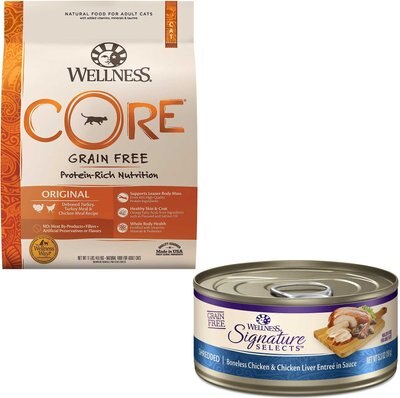 Wellness CORE Grain-Free Original Formula Dry Food + Signature Selects Shredded Boneless Chicken & Chicken Liver Entree in Sauce Grain-Free Canned Cat Food, slide 1 of 1