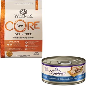 Wellness CORE Grain-Free Original Formula Dry Food + Signature Selects Shredded Boneless Chicken & Chicken Liver Entree in Sauce Grain-Free Canned Cat Food