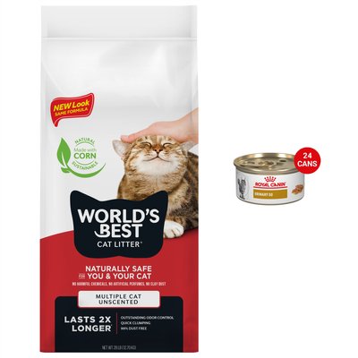 Royal Canin Veterinary Diet Urinary SO Morsels in Gravy Canned Food + World's Best Multi-Cat Unscented Clumping Corn Cat Litter, slide 1 of 1