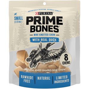Purina Prime Bones Mini Knotted Chews Rawhide Free Real Duck Dog Treats, 5-oz pouch