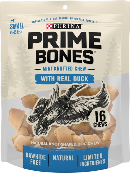 Purina Prime Bones Mini Knotted Chews Rawhide Free Real Duck Dog Treats, 10.2-oz pouch slide 1 of 9