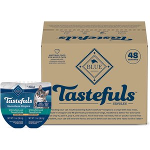 Blue Buffalo Tastefuls Spoonless Singles White Fish & Tuna Entrée Pate Adult Cat Food, 2.6-oz cup, case of 24