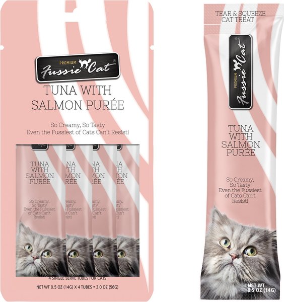 Fussie Cat Tuna with Salmon Puree Lickable Cat Treats, 0.5-oz pouch, pack of 4 slide 1 of 6