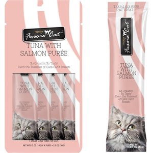 Fussie Cat Tuna with Salmon Puree Lickable Cat Treats, 0.5-oz pouch, pack of 4