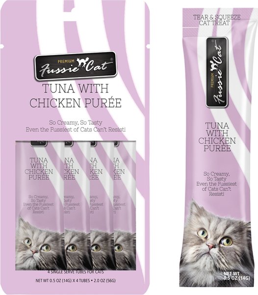Fussie Cat Tuna with Chicken Puree Lickable Cat Treats, 0.5-oz pouch, pack of 4 slide 1 of 6